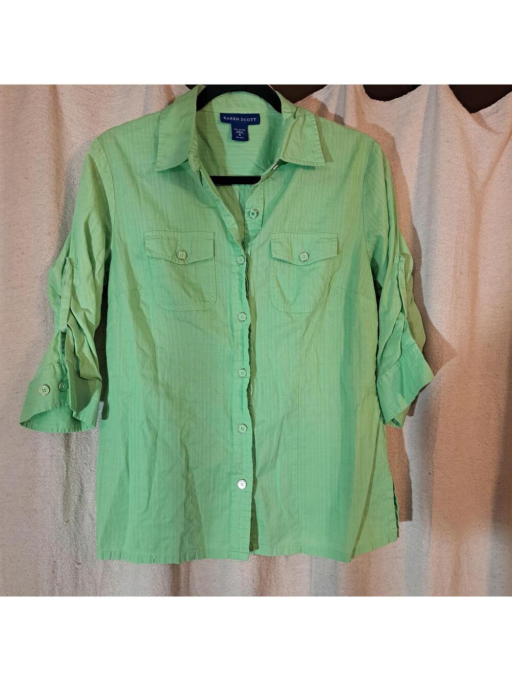 Karen Scott Green Button-Up Cotton Shirt, Size S